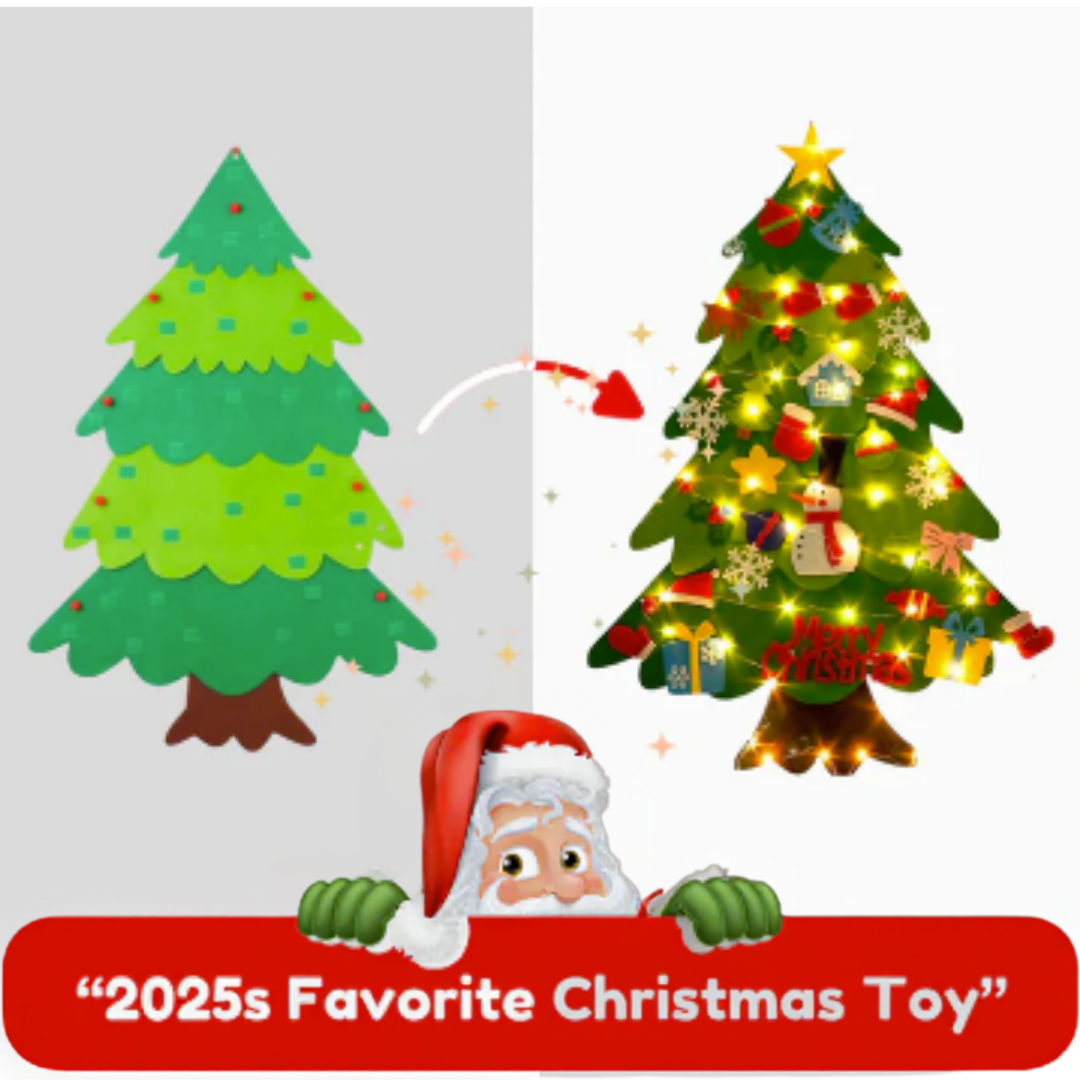 Toddler playing with a safe, interactive felt Christmas tree